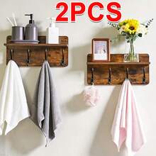 Wooden Coat Hooks 2 Layer Wall-Mounted Coat Rack 8 Hooks Floating Shelves - 2pcs - View 5