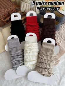 3/5 Pairs Random Women's Solid Color Ribbed Ruffle Edge High Elastic Warm Soft Knit Socks, Preppy Style, Suitable For Winter Daily Wear - Multicolor - View 10