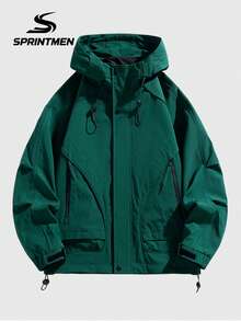 1pc Phantom Green Drawstring Hooded Men's Jacket, Utility Men's Outerwear With Side Zipper Pockets And Inner Pocket, Long Sleeve Jacket, Sporty Style, Machine Washable, Suitable For Daily Commute, Outdoor Travel, Sports And Hiking - Green - View 6