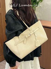 Woven Texture With Metal Hardware Decor, Large Capacity Space For Commuting Laptop, Textbooks And Daily Essentials, Dual Long Handles For Hand-Carry Or Shoulder Use, Magnetic Closure, Simple And Practical For Daily Work, School, Supermarket Shopping, Short Trips, Versatile Casual Shoulder Tote Bag - White - View 7