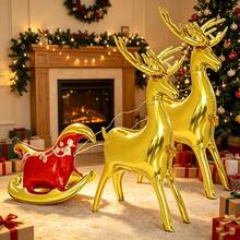 3pcs 2 Gold Reindeer + 1 Sleigh Christmas Reindeer Sleigh Foil Balloon Set, Suitable For Christmas Party Scene Decoration Props - View 3
