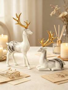 Water-Transferred Resin Ornament, White Marble Texture, Suitable For Living Room, Bookshelf, Office Desk Decoration (Water-Transferred Craft, Color Position May Vary Slightly) - Patterned Deer - View 8