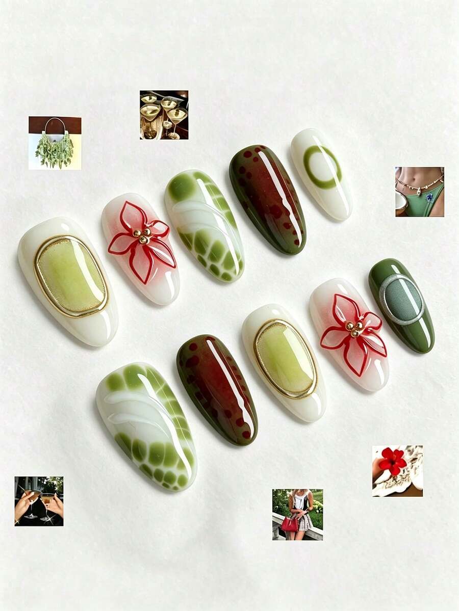 10片裝 3D花卉中長杏仁形壓克力穿戴甲，白色底色搭配綠色漸層＋紅色花卉圖案，金色邊框裝飾，亮面全覆蓋假指甲，優雅復古中式風，適合女性與女孩日常佩戴 - 彩色 - 查看 1