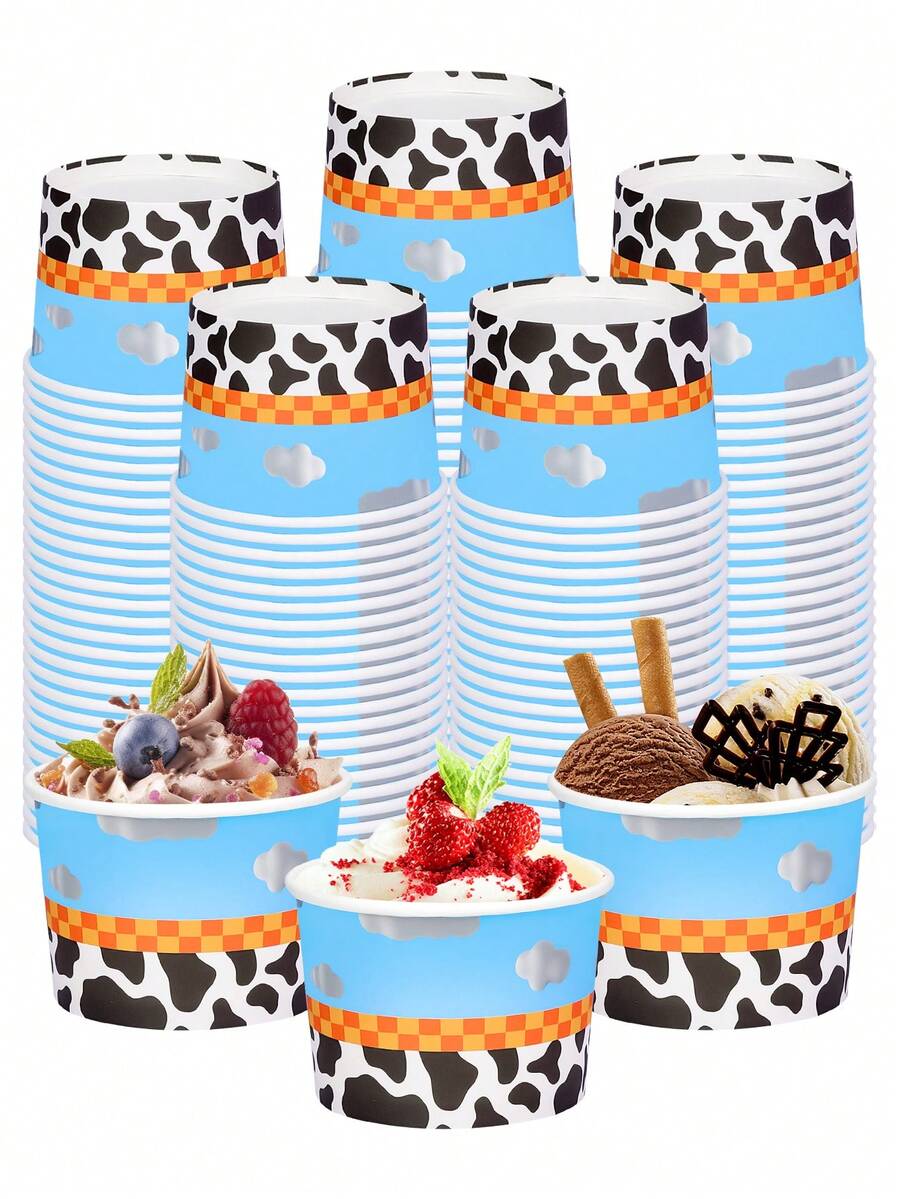 10個/20個/50個 頂徑3.39英吋 底徑2.95英吋 高2.4英吋 牛奶牛花紋紙製冰淇淋碗,藍天雲朵棋盤格牛仔主題零食杯,聖代甜點紙容器,生日、西部牛仔派對餐桌用品 - 多色A - 查看 1