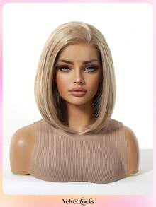 [Velvet Locks]New 13*4 Glueless Front Lace Wig, 12 Inch Flaxen Gold Short Straight Hair, Fashionable Women's No Bangs Pre-Trimmed Heat-Resistant Synthetic Hair, Soft And Smooth, Suitable For Beginners, Daily Wear, Y2K Style, Party, Cosplay, Dance, Travel, Holiday - 亞麻金 - 查看 4