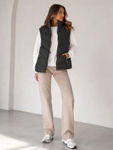 Women's Down Vest, Insulated Vest, Fitted, Zippered, Pockets. - Black - View 1