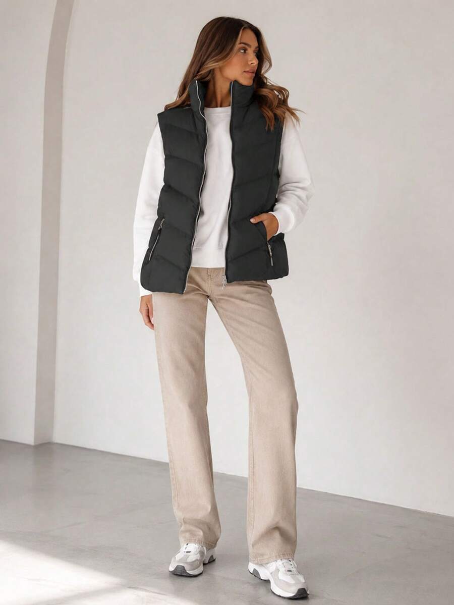 Women's Down Vest, Insulated Vest, Fitted, Zippered, Pockets. - Black - View 1