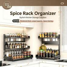 Spices Organizer Rack, 2/3 Tier Adjustable Carbon Steel Spice Rack With Knife & Spoon & Cutting Board Holder, Extra Wide Thickened Countertop Storage Shelf, Height Adjustable Space Saving Kitchen Organizer For Spice Jars Oil Bottles Cookware - Grey - View 7