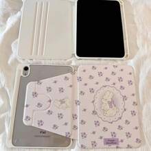 1件淺白色背景淡紫色花卉蕾絲蝴蝶結兔子印花 360°旋轉壓克力平板保護殼，可調式支架，觸控筆收納槽，適用於 iPad5、iPad6、iPad7、iPad8、iPad9、iPad10、iPad11、Air2、Air3、Air4、Air5、Air6、Air7 - 彩色 - 查看 5