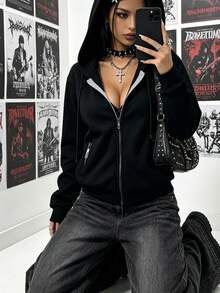 Women's Zip-Up Hooded Jacket, Minimalist White Logo Print Elastic Cuffs Drawstring Sweatshirt Casual Outerwear Black - Black - View 1