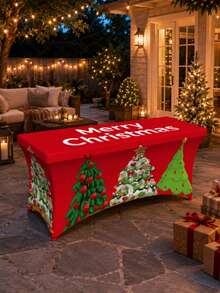 1pc Red Christmas Tree Print Fitted Tablecloth, Holiday Polyester Spandex Rectangular Full Coverage Elastic Tablecloth, Wrinkle-Resistant Protective Tablecloth, Suitable For Christmas Party Buffet Banquet Home Decor - Multicolor - View 2
