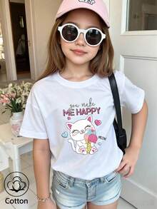 Summer & Autumn Girls' Cotton Short Sleeve T-Shirt, Cute Sweet Girly Preppy Style With Fun Printed Graphics - White - View 3