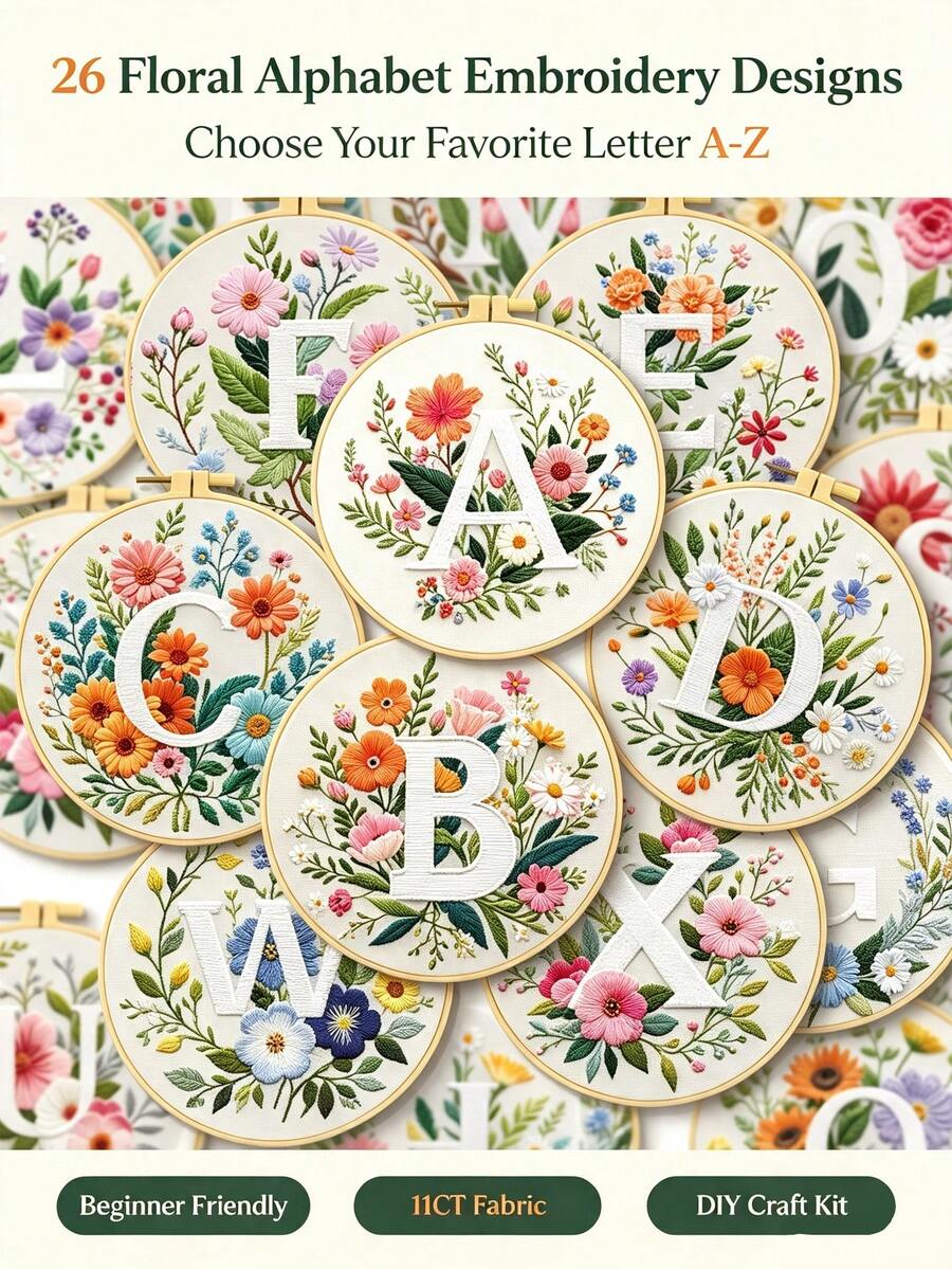 1 Set Floral Letter Cross Stitch Embroidery Kit, Includes 26 Letters To Choose From, Complete Hand Embroidery Starter Set, 11CT Medium Density Fabric, 3 Rolls Of Thread, Creative Gift, Home Decor, Stress Relief Gift, For Girlfriend/Best Friend - Multicolor - View 1