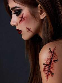 3pcs Red Scar Temporary Tattoo Stickers, Realistic Cross Wound Screw Scar Fake Blood Fake Cracked Wound, Waterproof Sweat-Proof DIY Design, Zombie Vampire Cosplay And Halloween Makeup - Red - View 4