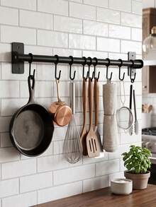 Kitchen Utensil Holder Wall Mount Rail,Multi‑Hook Hanging Rack For Cooking Tools,Pot Lid,Spoons,Cutting Boards,Heavy‑Duty Metal Kitchen Wall Organizer,Space‑Saving Kitchen Storage Solution,Matte Black Finish,Rust‑Resistant,Fits Modern Home Kitche - Multicolor - View 1