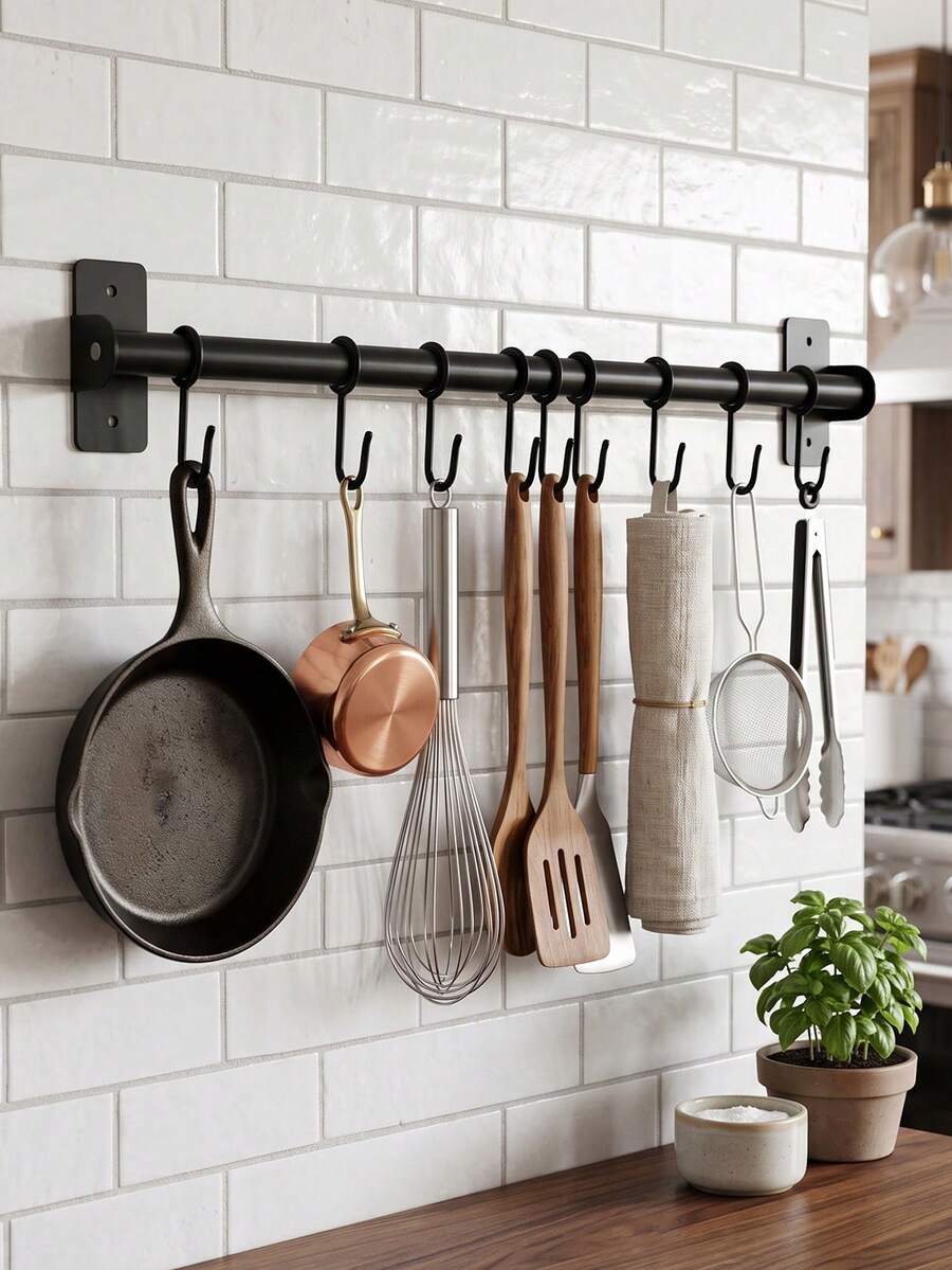 Kitchen Utensil Holder Wall Mount Rail,Multi‑Hook Hanging Rack For Cooking Tools,Pot Lid,Spoons,Cutting Boards,Heavy‑Duty Metal Kitchen Wall Organizer,Space‑Saving Kitchen Storage Solution,Matte Black Finish,Rust‑Resistant,Fits Modern Home Kitche - Multicolor - View 1
