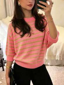 Blusa de punto de manga corta holgada y casual con cuello redondo, a rayas y bloques de color, versátil para uso diario, moda y vacaciones de otoño para mujer - Rosa coral - Ver 6