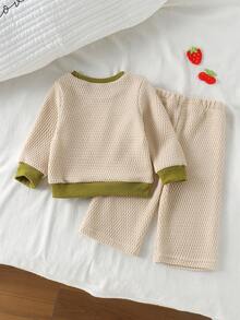 2pcs Baby Girl Fresh Mori Style 3D Fruit Applique Long Sleeve Sweatshirt & Wide Leg Pants Set, Thin Spring/Autumn Casual Everyday Wear - Apricot - View 4
