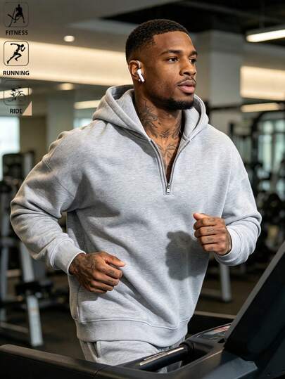 Men's Autumn/Winter Fleece Hooded Sweatshirt, Grey Knit Sports Sweatshirt, Soft And Comfortable, Suitable For Fitness And Street Casual Wear
