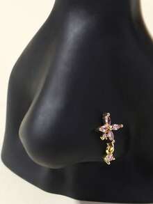 1pc L-Shaped Gold Rhinestone Flower Nose Ring/Stud, Valentine's Day & Mother's Day Gift - Gold - View 12