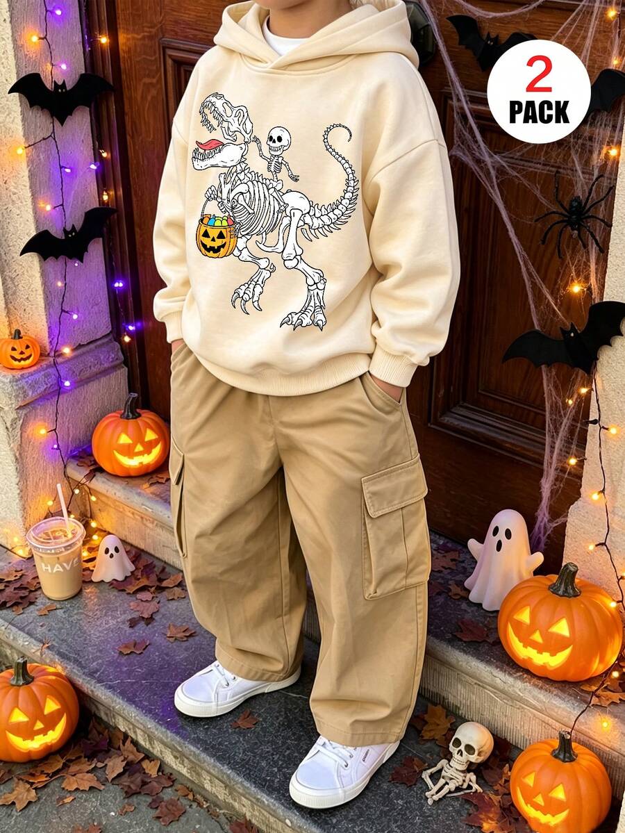 2pcs/Set Boys Casual Halloween Outfit, Includes Skeleton Dinosaur Pattern Hoodie + Cargo Pants, Soft Comfortable Casual Set, Autumn/Winter Outfit - Multicolor - View 1