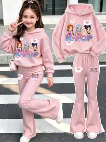Setelan 2pcs untuk Remaja Perempuan: Hoodie Motif Kartun + Celana Panjang Model Flare Motif Polos, Pakaian Musim Gugur/Musim Dingin, Gaya Kampus, Pakaian Acara Homecoming - Berwarna merah muda - View 1