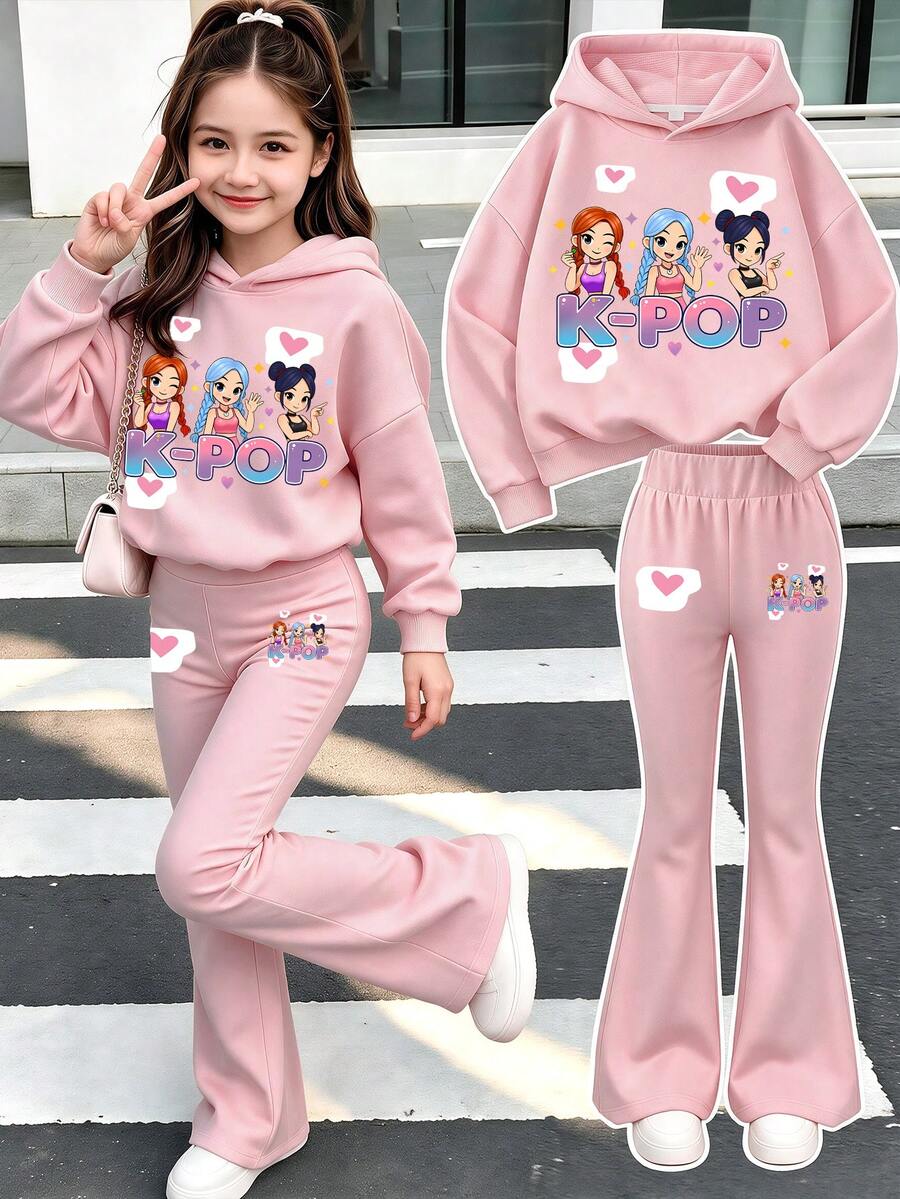 Setelan 2pcs untuk Remaja Perempuan: Hoodie Motif Kartun + Celana Panjang Model Flare Motif Polos, Pakaian Musim Gugur/Musim Dingin, Gaya Kampus, Pakaian Acara Homecoming - Berwarna merah muda - View 1