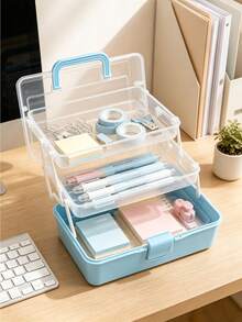 Macaron Dual-Color 3-Layer Foldable Transparent Storage Box, Flip Lid Handheld Layered Compartment Organizer, Visible Partition Stationery & Jewelry Tool Storage, Portable Desktop Container, Space-Saving Foldable Design, Perfect Gift For Family And Teachers - Multicolor - View 4