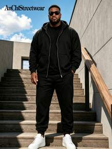 2pcs Plus Size Men's Fashion Casual Pocket Hoodie Sweatshirt With Drawstring Pants, Suitable For Spring, Autumn, Winter Outdoor, Streetwear, Daily Wear - Black - View 1