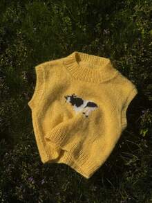 Women's Fashion Casual Minimalist Cow Print Loose Knit Sweater Vest - Yellow - View 6