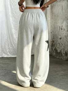 Grey Star Print Wide Leg Sweatpants Women's Drawstring Loose Slimming Straight Leg Pants Streetwear Casual Long Pants - Grey - View 4