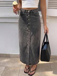 Women's Mid Waist Button Front Grey Wash Denim Skirt - Grey - View 1