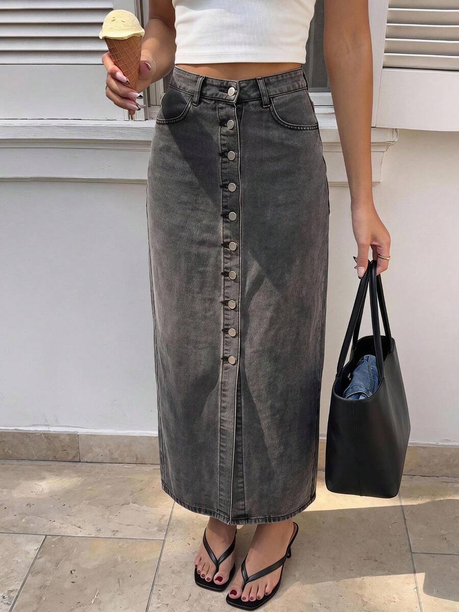 Women's Mid Waist Button Front Grey Wash Denim Skirt - Grey - View 1
