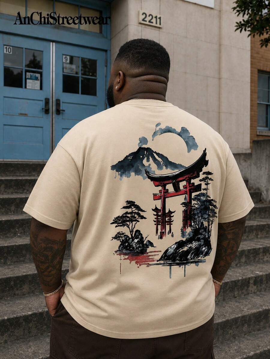 AnChiStreetwear - Maglietta a maniche corte con stampa, vestibilità ampia, per uomo taglia comoda, 1 pezzo | Design raffinato | Essenziale per l'estate | Facile da abbinare, metti in mostra il tuo stile | Stile giapponese - Albicocca - Visualizzare 1