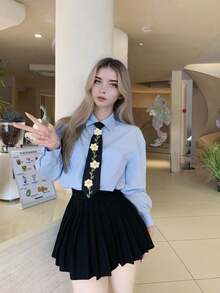 1件女款奢華晚宴風黑色長領帶，鑲鑽馬眼設計，免打結領帶，優雅通勤派對襯衫配件 - 白色絨毛花 - 查看 4