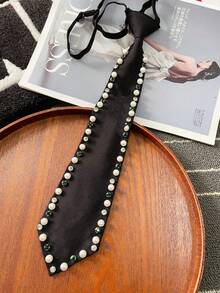 1pc Women's Luxury Evening Style Black Long Tie With Rhinestone Eyelet Design, Pre-Tied Necktie, Exquisite Commute Party Shirt Accessory - Green Rhinestone Studs - View 1