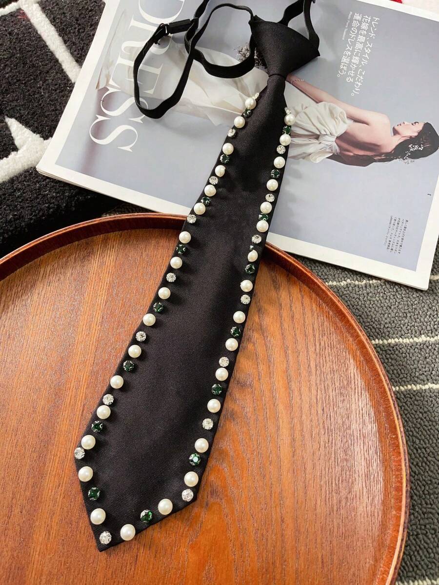 1pc Women's Luxury Evening Style Black Long Tie With Rhinestone Eyelet Design, Pre-Tied Necktie, Exquisite Commute Party Shirt Accessory - Green Rhinestone Studs - View 1