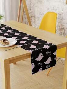 1pc, Halloween Pink Ghost Design On Black Table Runners For Kitchen And Dining, Suitable For Coffee Table Decoration For Both Indoor And Outdoor Home Parties, Available In 5 Sizes - Pink - View 3