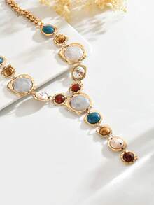 1pc Luxury Heavy Craft Distressed Gold Trim Colorful Y-Shaped Necklace, Suitable For Women's Daily Outfit, Party, Evening Banquet, Holiday Gift - Gold - View 6