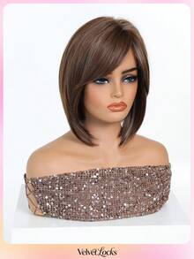 [Velvet Locks] Soft Heat-Resistant Layered Straight Side Part Bob Brown 12-Inch Synthetic Wig For Women For Elegant Daily Party - 棕色 - 查看 4