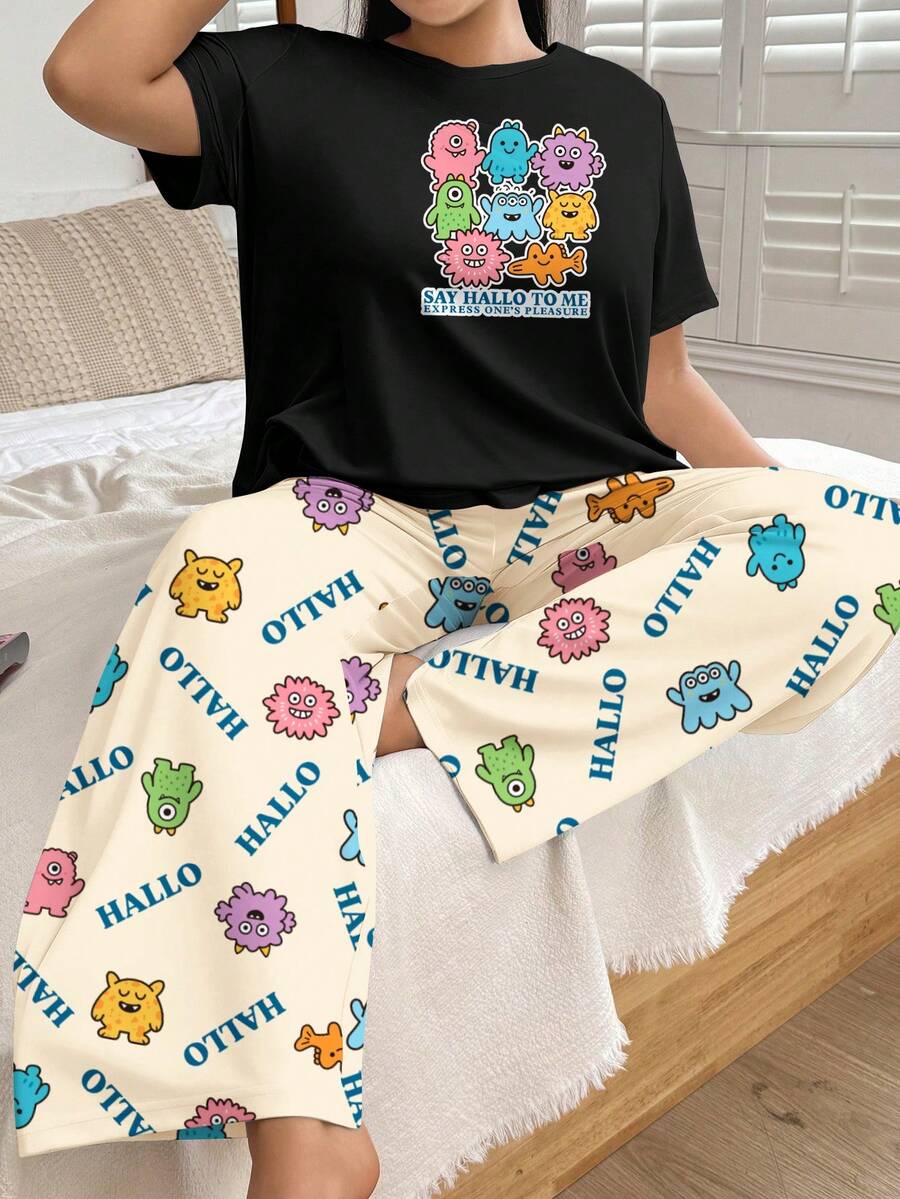 Plus Size Women's Casual Wearable Loungewear Pajama Set, Cute Quirky Cartoon Monster Print Short Sleeve Top & All-Over Print Long Pants 2-Piece Pajama Set - Black - View 1