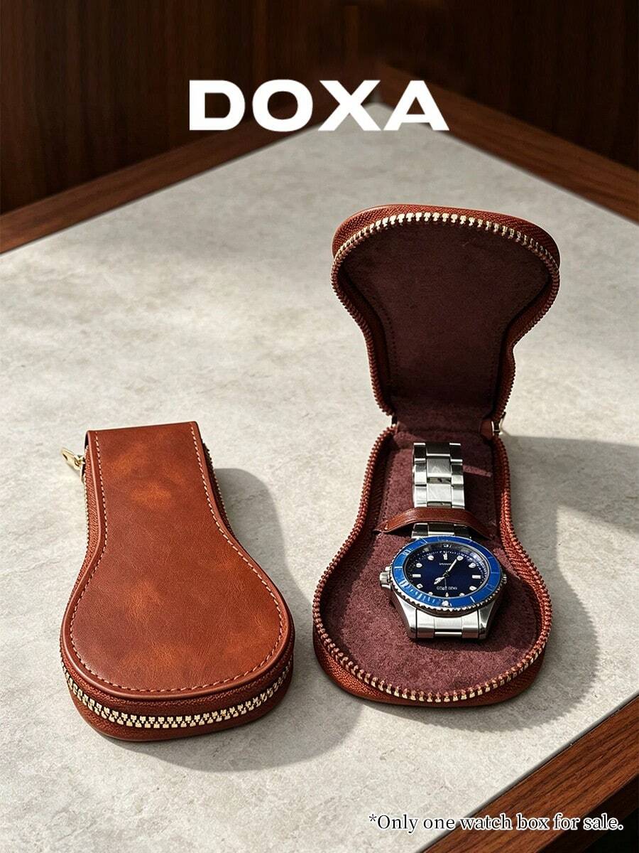 DOXA Travel Watch Protective Case, Metal Zipper, Unisex Mini Watch Storage Box, Suitable For Business Trips And Vacation Packing, Watch Not Included - Brown - View 1