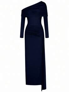 Elegant Solid Color Ruched Asymmetric Neckline Fitted Evening Dress For Party, Wedding, Formal Dinner - Navy Blue - View 7