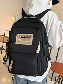 Dedoo Backpack Random Letter Label Print Large Capacity Vintage College Style Student Campus Daily Large Capacity,School Bookbag,College University Campus - Black - View 5
