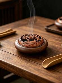 Round Wooden Incense Burner Hollow Cover Classic Floral Carved Wood Censer For Home Fragrance Meditation Yoga Bedroom Decor For Oud Bakhoor Frankincense Ramadan Gift - Multicolor - View 5