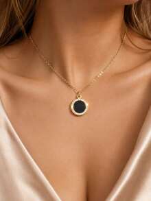1/3Pcs 18K Gold Plated Stainless Steel Necklace Set, Black Teardrop Oval Round CZ Halo Pendant, Daily Wear Dainty Holiday Gift Jewelry For Women - Gold - View 5