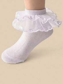 1/5 Pairs Spring/Summer Baby & Toddler Socks, Delicate Heart Embroidery, White Fluffy Ruffle Princess Socks/Double Layer Lace Fairy Style, Minimalist Fashionable Elegant Casual Versatile Princess Style Dance Socks, Skin-Friendly Soft Comfortable Sweat-Absorbent Breathable Short Socks, Suitable For Holiday Gifts/Back To School Outfits/Party Gatherings/Travel/Daily Wear/Wedding Season Outfits - White - View 2