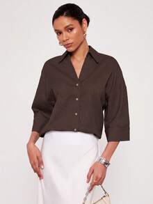 Se-Helo 女款簡約休閒寬袖領襯衫，四季皆宜，夏季穿搭 - 咖啡棕 - 查看 5