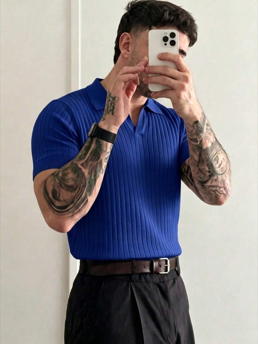 Men's Summer Fashion Ribbed Polo Collar Thin Knit Short Sleeve Shirt