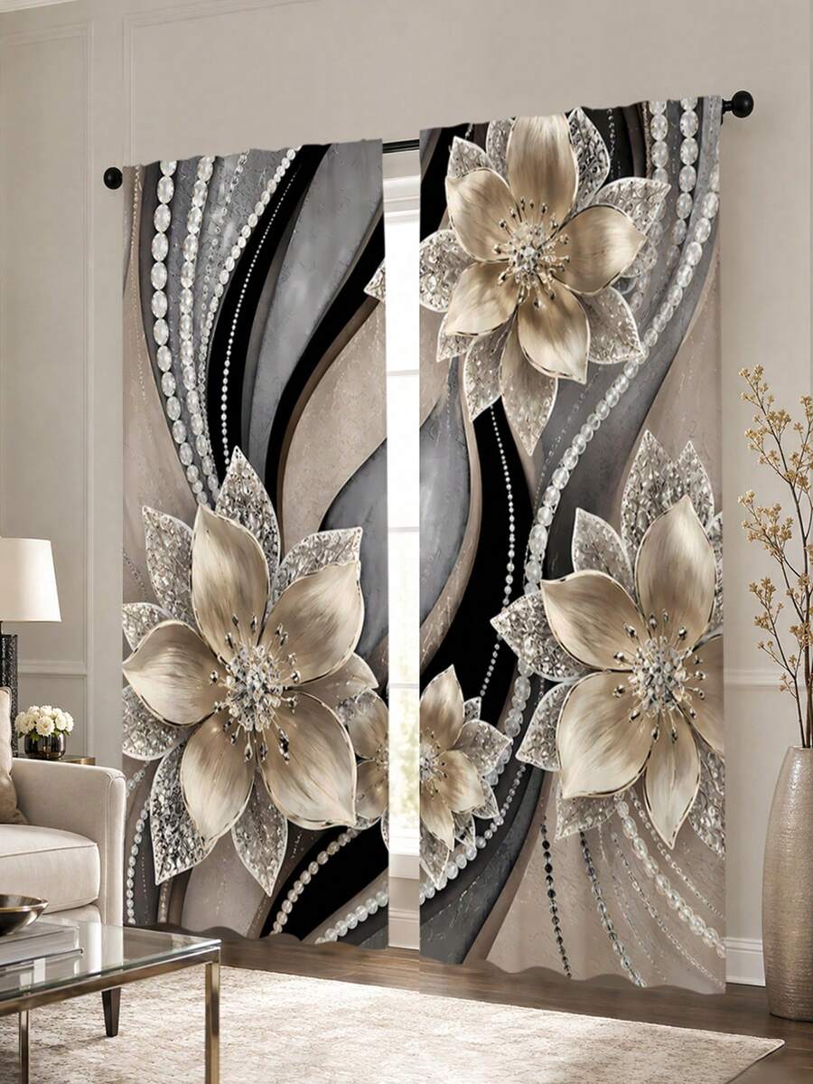 2pcs Luxury Pearl Floral Pattern Printed Curtains, Single-Sided Printing, Semi-Sheer - Rod Pocket Curtains, Bedroom Kitchen Living Room Decor, Multiple Sizes Available, Privacy Protection Machine Washable, Fade-Resistant Curtains, Bedroom Kitchen Living Room Decor (Rod Not Included)